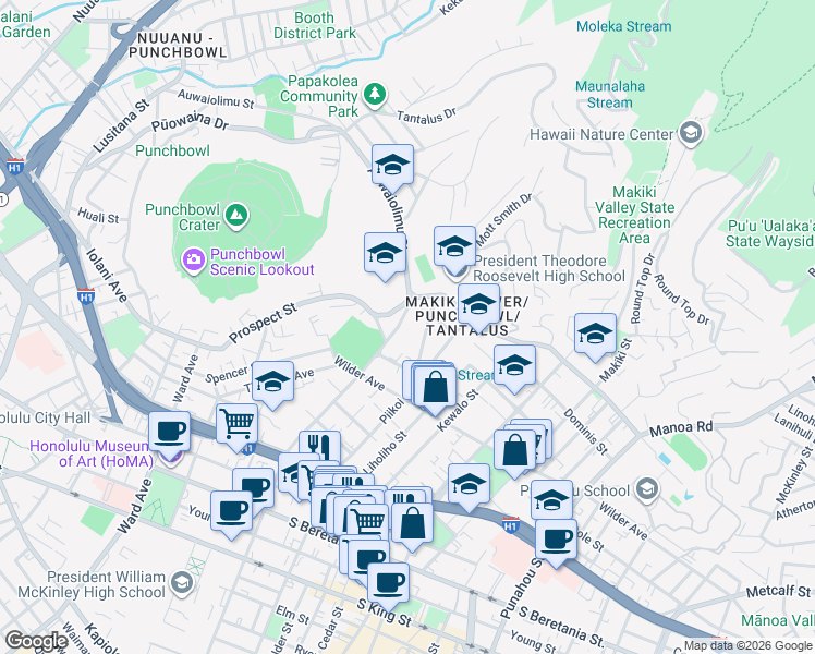 map of restaurants, bars, coffee shops, grocery stores, and more near 1698 Lewalani Drive in Honolulu