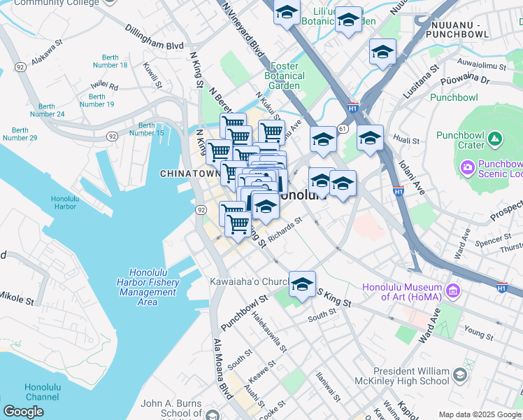 map of restaurants, bars, coffee shops, grocery stores, and more near in Honolulu