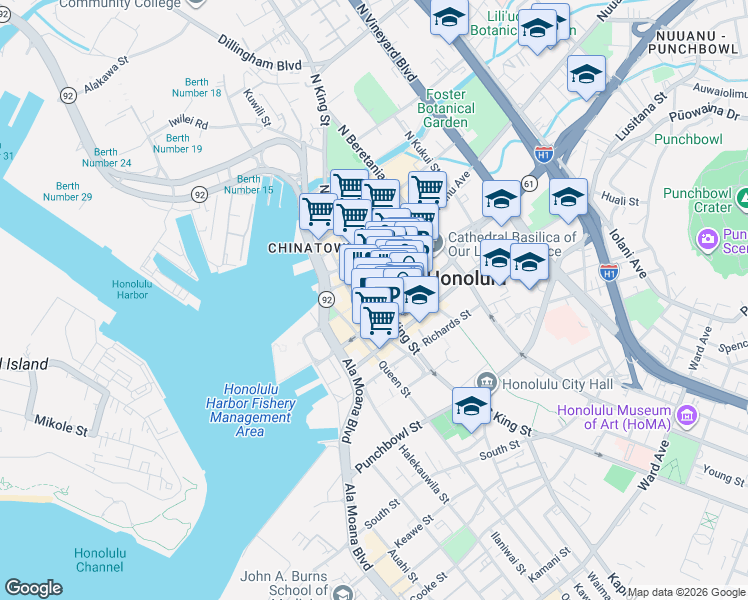 map of restaurants, bars, coffee shops, grocery stores, and more near 1001 Bishop Street in Honolulu