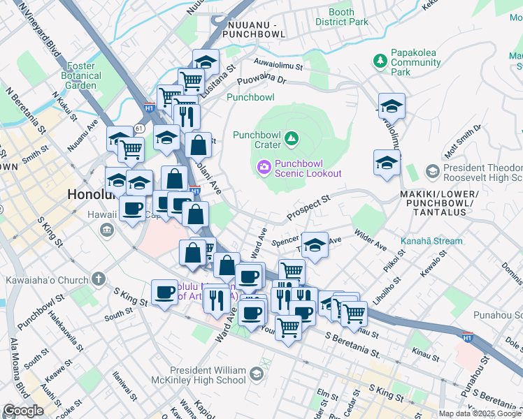 map of restaurants, bars, coffee shops, grocery stores, and more near 1615A Emerson Street in Honolulu