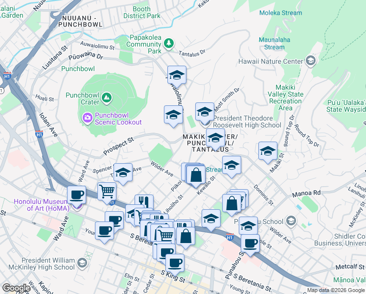 map of restaurants, bars, coffee shops, grocery stores, and more near 1698 Lewalani Drive in Honolulu