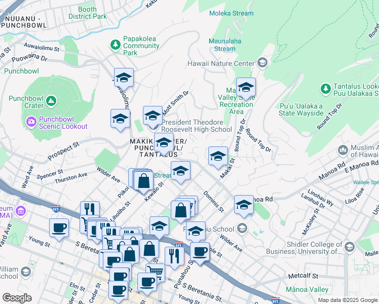 map of restaurants, bars, coffee shops, grocery stores, and more near 1940 Nehoa Place in Honolulu