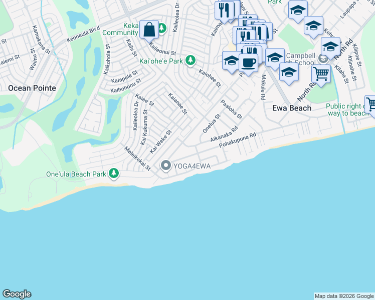 map of restaurants, bars, coffee shops, grocery stores, and more near 91-517 Aikanaka Road in Ewa Beach