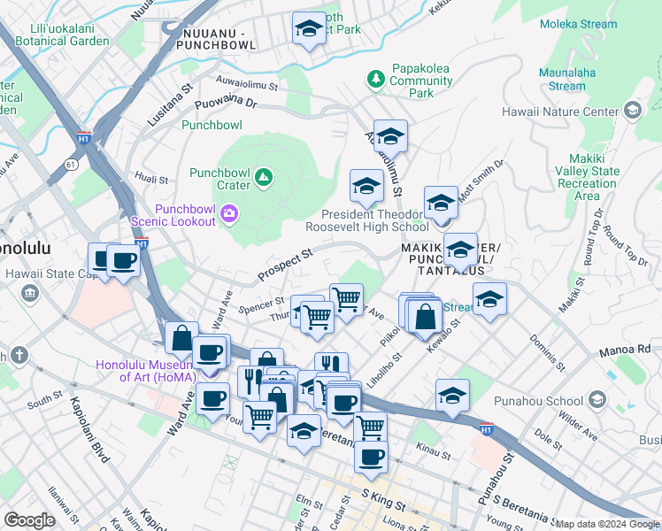 map of restaurants, bars, coffee shops, grocery stores, and more near 1001 Wilder Avenue in Honolulu