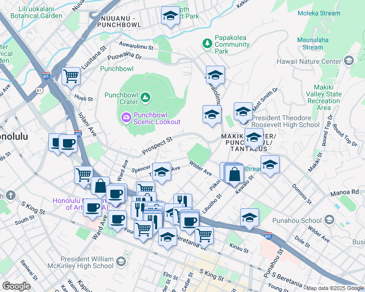map of restaurants, bars, coffee shops, grocery stores, and more near 999 Wilder Avenue in Honolulu