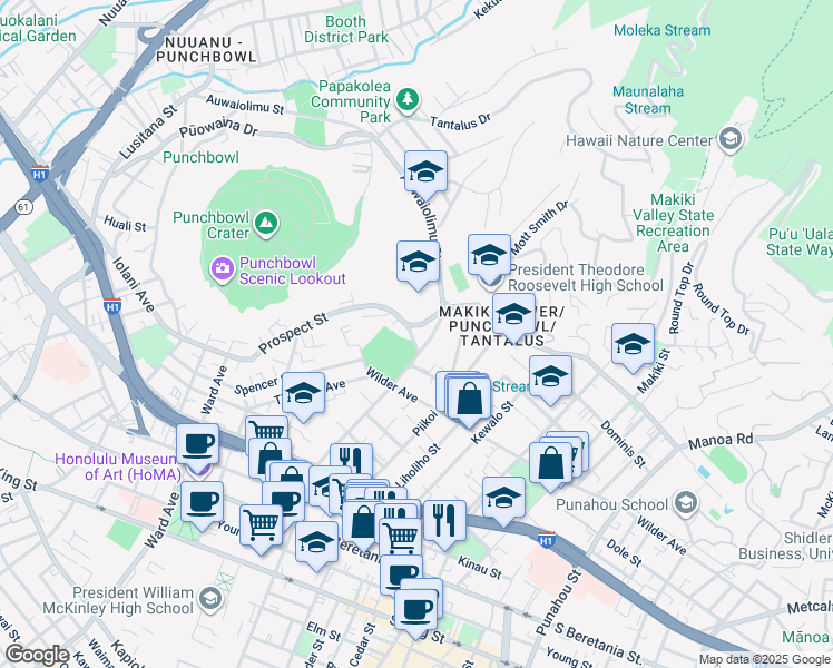 map of restaurants, bars, coffee shops, grocery stores, and more near 1306 Prospect Street in Honolulu