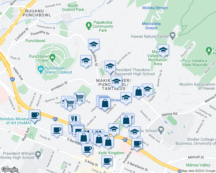 map of restaurants, bars, coffee shops, grocery stores, and more near 1128 Clio Street in Honolulu