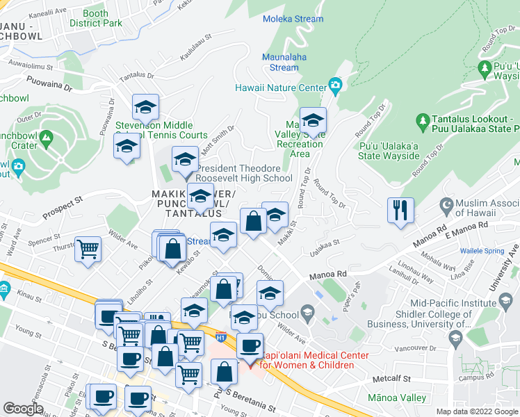 map of restaurants, bars, coffee shops, grocery stores, and more near 2049 Leiloke Drive in Honolulu