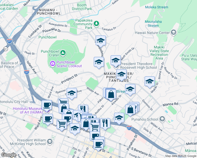 map of restaurants, bars, coffee shops, grocery stores, and more near 1306 Prospect Street in Honolulu