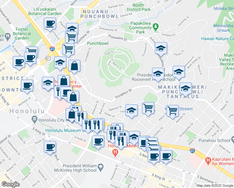 map of restaurants, bars, coffee shops, grocery stores, and more near 958 Prospect Street in Honolulu