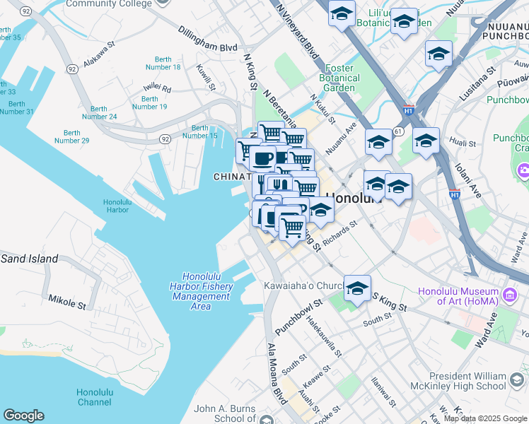 map of restaurants, bars, coffee shops, grocery stores, and more near 828 Fort Street Mall in Honolulu