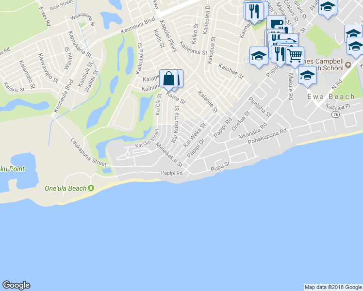 map of restaurants, bars, coffee shops, grocery stores, and more near 91-1096 Kai Weke Street in Ewa Beach