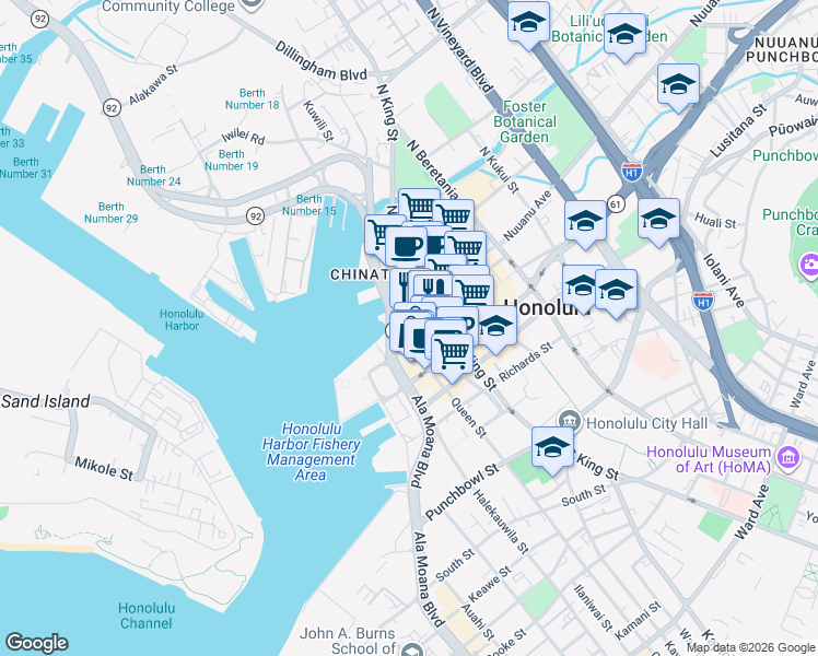 map of restaurants, bars, coffee shops, grocery stores, and more near 828 Fort Street Mall in Honolulu