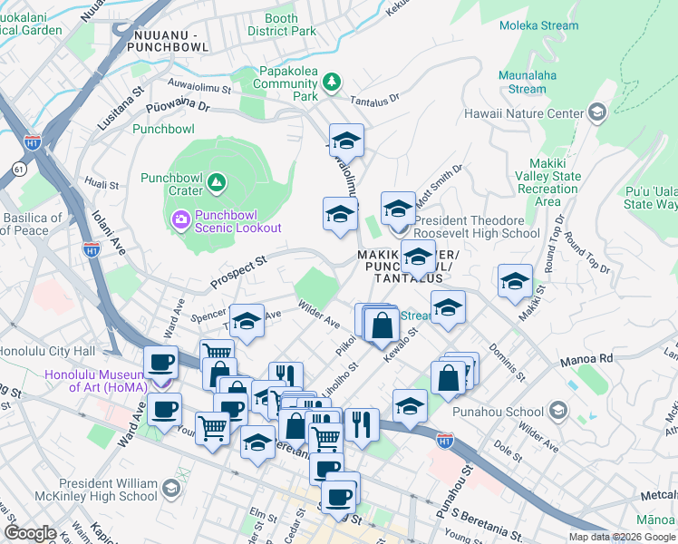 map of restaurants, bars, coffee shops, grocery stores, and more near 1306 Prospect Street in Honolulu