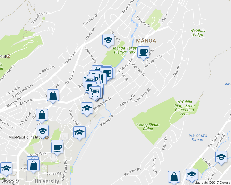 map of restaurants, bars, coffee shops, grocery stores, and more near 2852 Woodlawn Drive in Honolulu