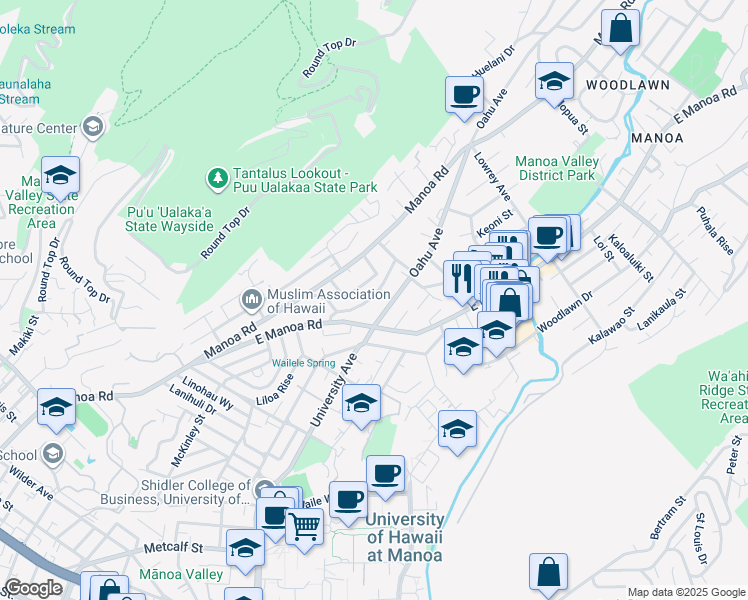 map of restaurants, bars, coffee shops, grocery stores, and more near 2675 Hillside Avenue in Honolulu