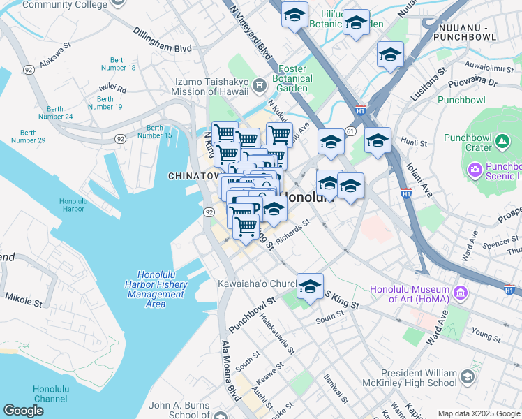 map of restaurants, bars, coffee shops, grocery stores, and more near 1001 Bishop Street in Honolulu