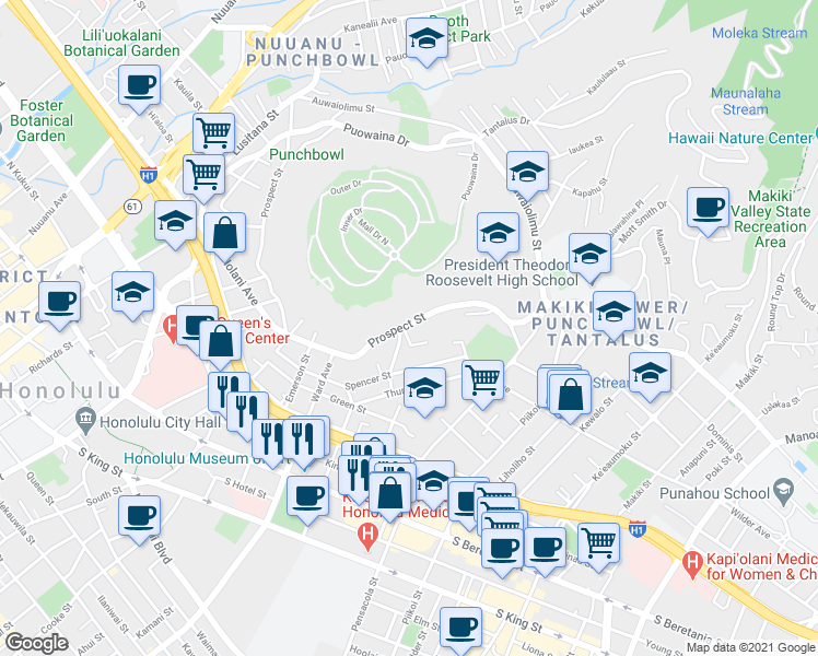 map of restaurants, bars, coffee shops, grocery stores, and more near 1570 Magazine Street in Honolulu