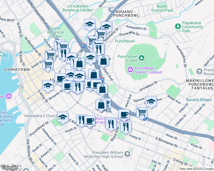 map of restaurants, bars, coffee shops, grocery stores, and more near 602 Magellan Avenue in Honolulu