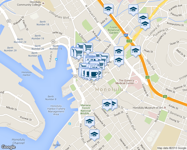 map of restaurants, bars, coffee shops, grocery stores, and more near 1001 Bishop Street in Honolulu