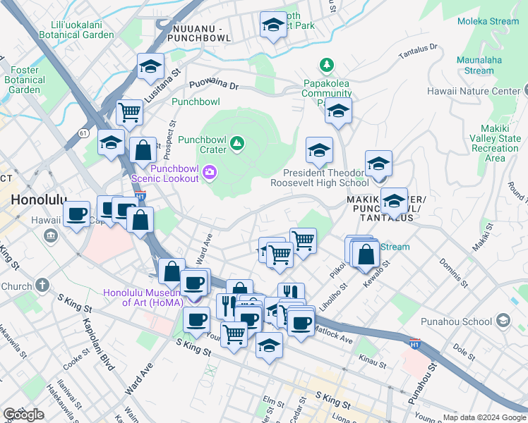 map of restaurants, bars, coffee shops, grocery stores, and more near 1570 Magazine Street in Honolulu