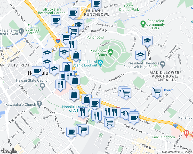 map of restaurants, bars, coffee shops, grocery stores, and more near 1614 Emerson Street in Honolulu