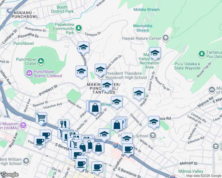 map of restaurants, bars, coffee shops, grocery stores, and more near 1244 Nehoa Street in Honolulu