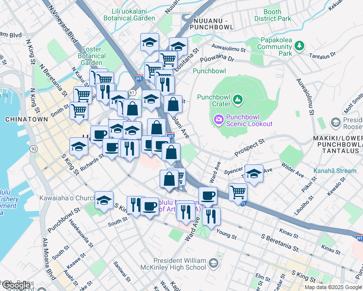 map of restaurants, bars, coffee shops, grocery stores, and more near 602 Magellan Avenue in Honolulu