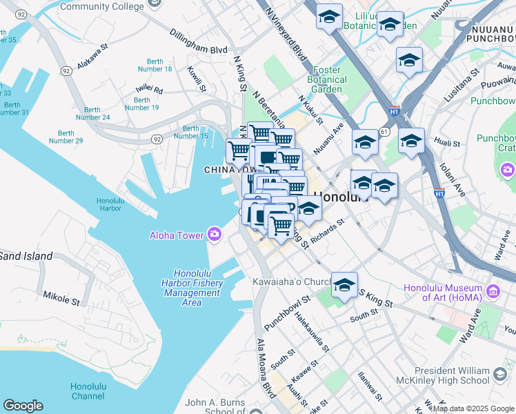 map of restaurants, bars, coffee shops, grocery stores, and more near 828 Fort Street Mall in Honolulu