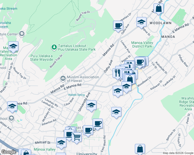 map of restaurants, bars, coffee shops, grocery stores, and more near 2657 Hillside Avenue in Honolulu