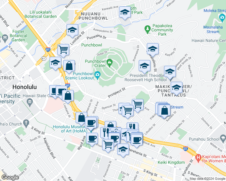 map of restaurants, bars, coffee shops, grocery stores, and more near 1570 Magazine Street in Honolulu