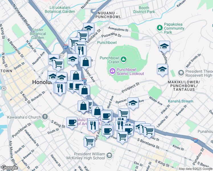 map of restaurants, bars, coffee shops, grocery stores, and more near 1615A Emerson Street in Honolulu