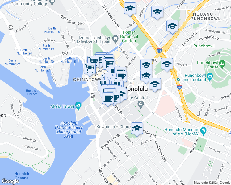 map of restaurants, bars, coffee shops, grocery stores, and more near 1001 Bishop Street in Honolulu