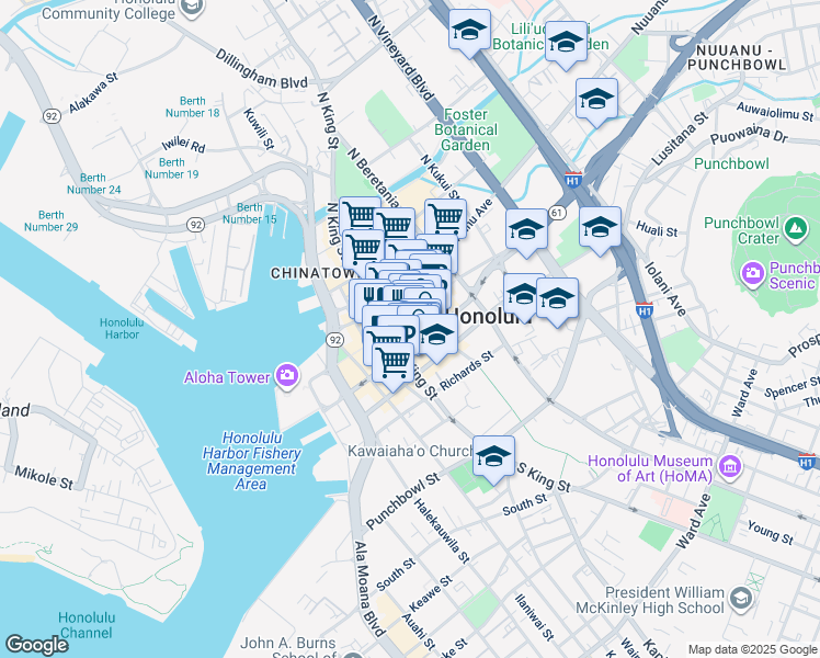 map of restaurants, bars, coffee shops, grocery stores, and more near 1001 Bishop Street in Honolulu