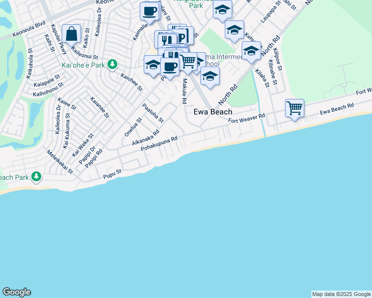 map of restaurants, bars, coffee shops, grocery stores, and more near in Ewa Beach