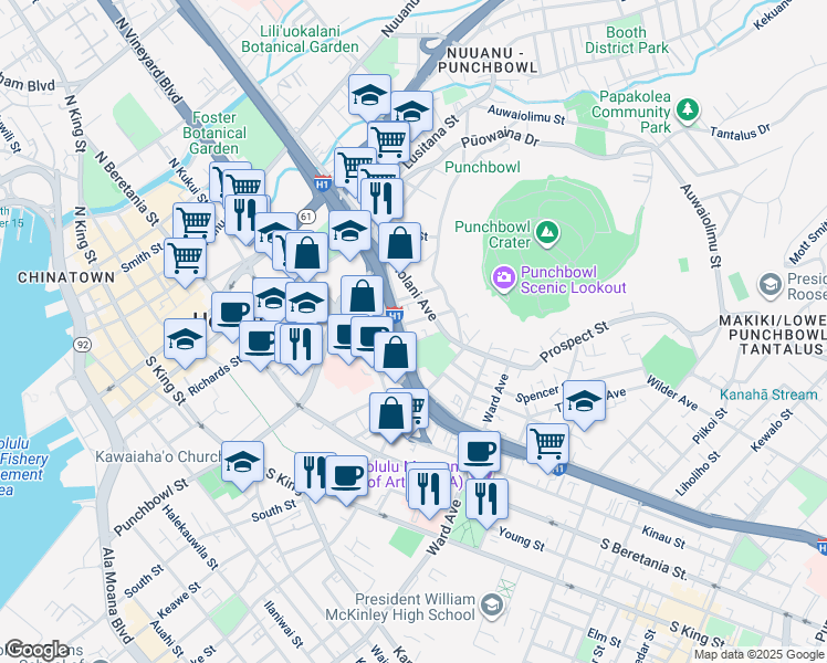 map of restaurants, bars, coffee shops, grocery stores, and more near 602 Magellan Avenue in Honolulu