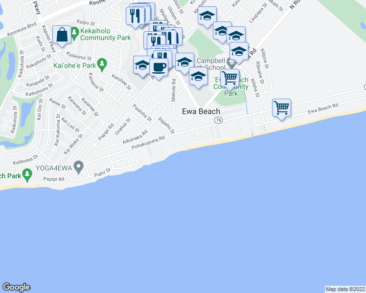 map of restaurants, bars, coffee shops, grocery stores, and more near 91-707 Oneula Place in Ewa Beach