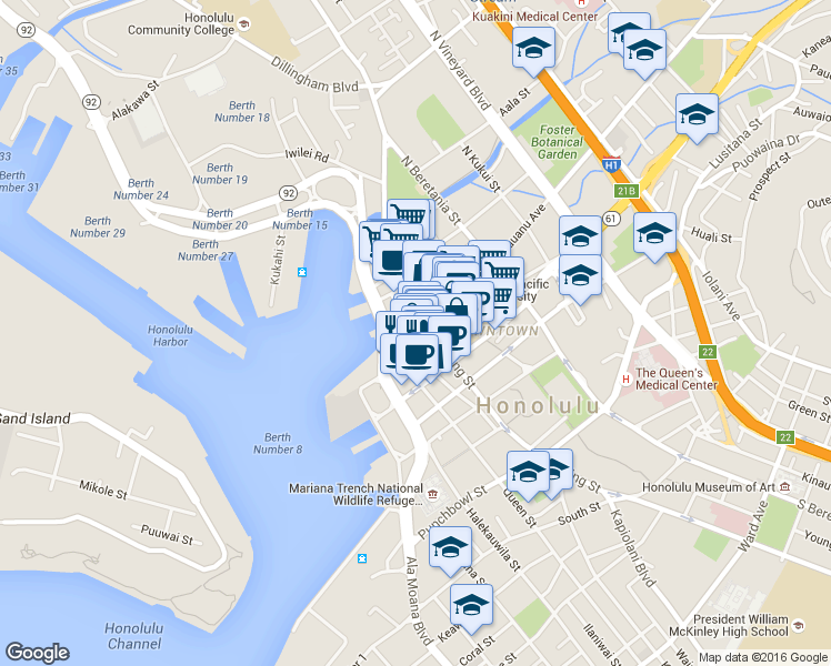 map of restaurants, bars, coffee shops, grocery stores, and more near 901 Bethel Street in Honolulu