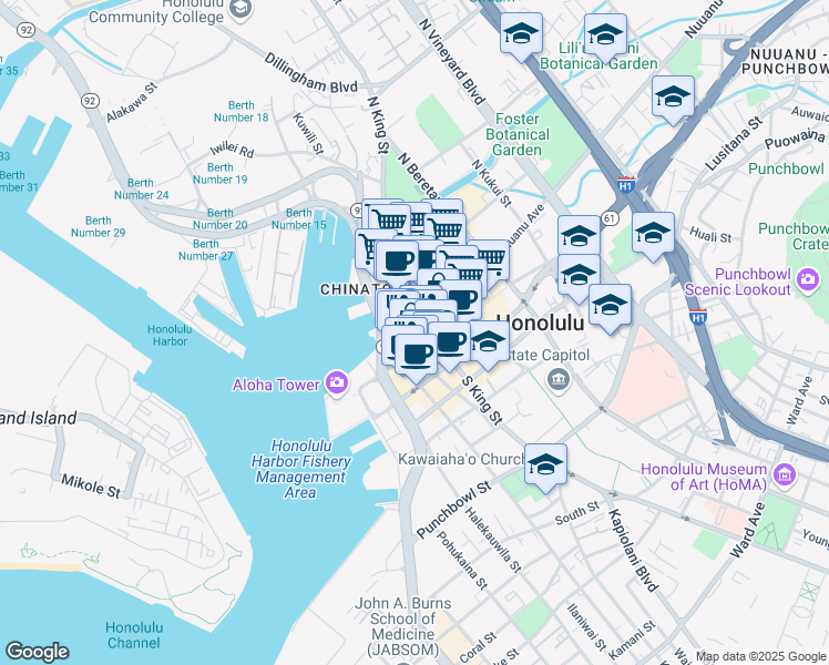 map of restaurants, bars, coffee shops, grocery stores, and more near 901 Bethel Street in Honolulu