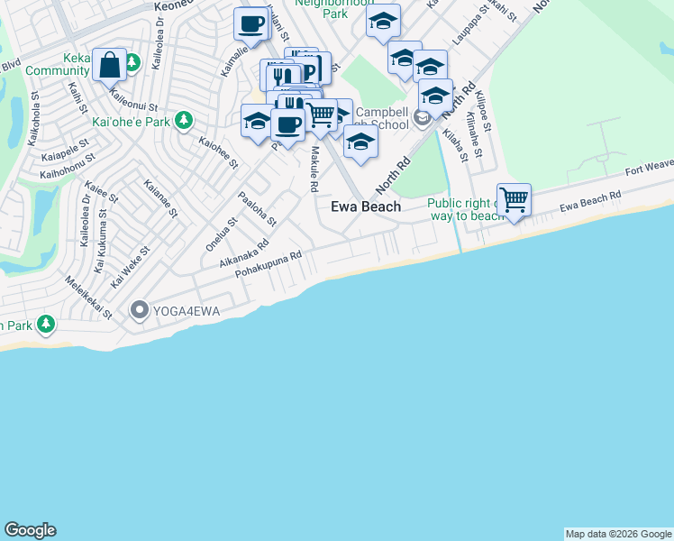 map of restaurants, bars, coffee shops, grocery stores, and more near 91-717 Oneula Place in Ewa Beach