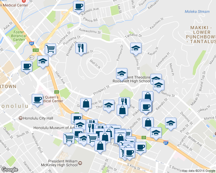 map of restaurants, bars, coffee shops, grocery stores, and more near 1022-1146 Prospect St in Honolulu