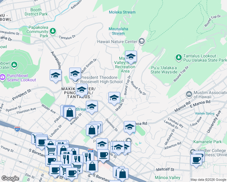 map of restaurants, bars, coffee shops, grocery stores, and more near 1948 Makiki Heights Drive in Honolulu