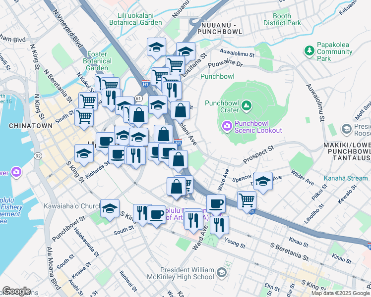 map of restaurants, bars, coffee shops, grocery stores, and more near 602 Magellan Avenue in Honolulu