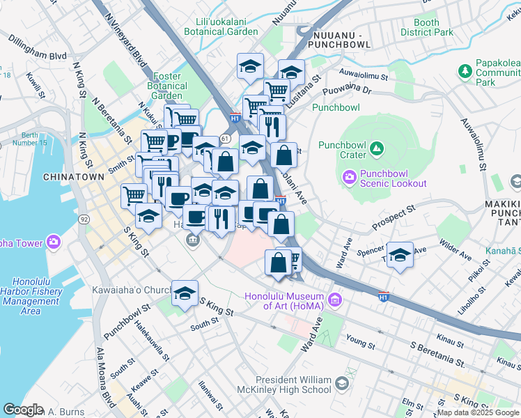 map of restaurants, bars, coffee shops, grocery stores, and more near 1439 Miller Street in Honolulu
