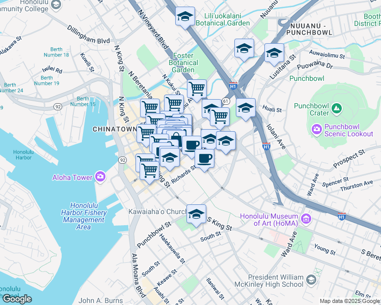 map of restaurants, bars, coffee shops, grocery stores, and more near 1177 Alakea Street in Honolulu