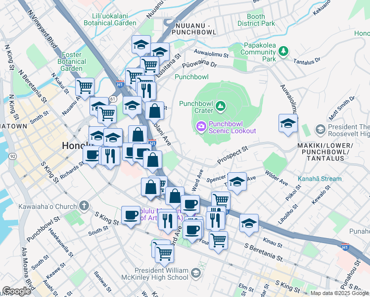 map of restaurants, bars, coffee shops, grocery stores, and more near 670 Prospect Street in Honolulu