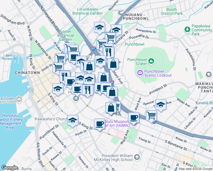 map of restaurants, bars, coffee shops, grocery stores, and more near 1401 Lusitana Street in Honolulu