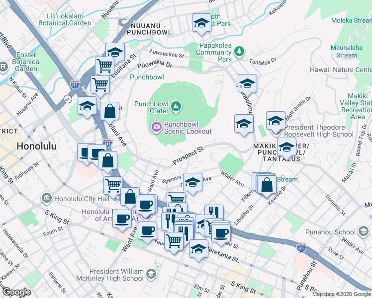 map of restaurants, bars, coffee shops, grocery stores, and more near 1002A Prospect St in Honolulu