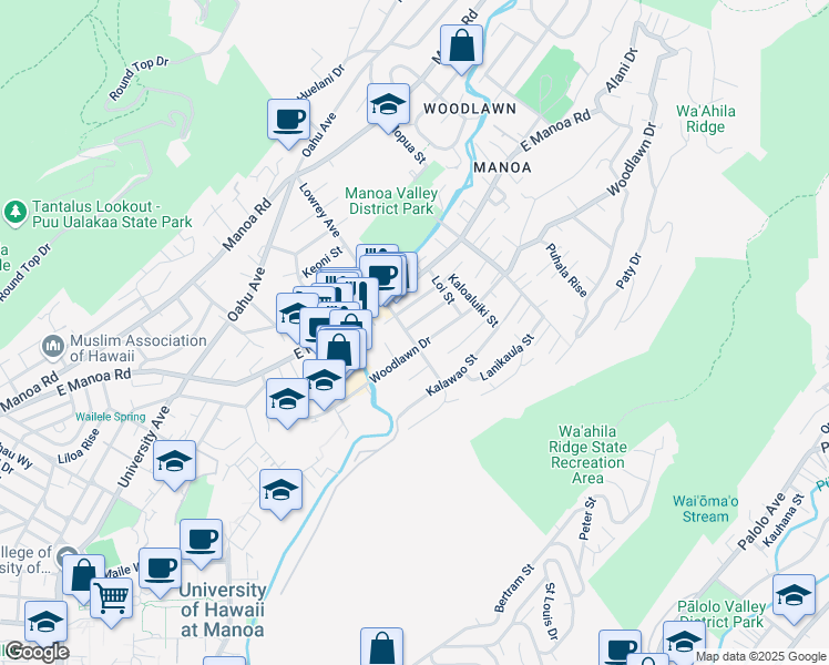 map of restaurants, bars, coffee shops, grocery stores, and more near 2852 Woodlawn Drive in Honolulu