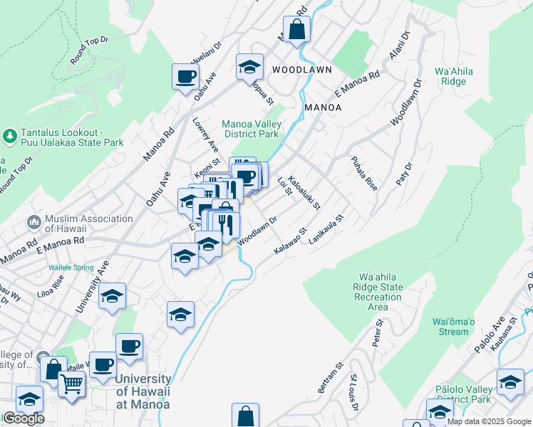 map of restaurants, bars, coffee shops, grocery stores, and more near 2852 Woodlawn Drive in Honolulu